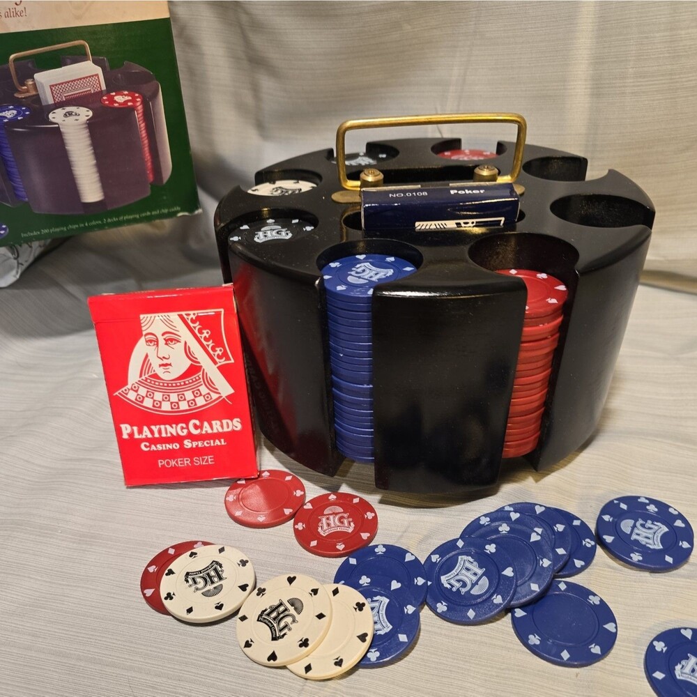 Vintage Poker Chip Set ~200 Composite Chips w/ Wooden Carousel & Cards Caddy